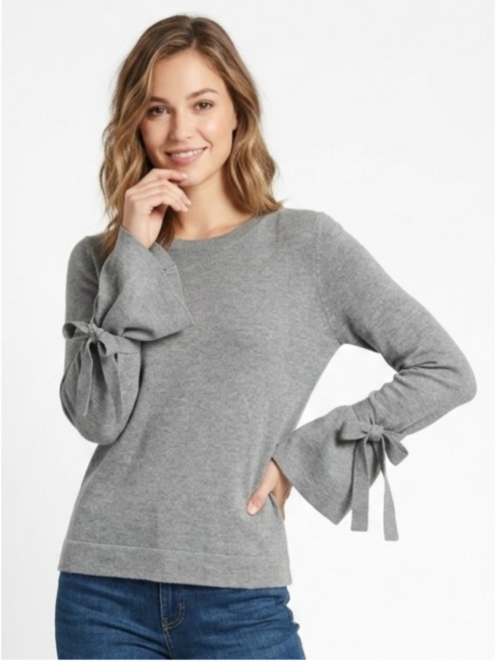 J. Crew Gray Crewneck Sweater w/Bell sleeves Tie-Cuff 299 stretch work party